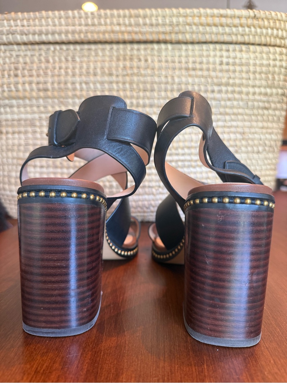 Coach Black Leather & Suede Block Heel Sandals with Gold Buckle - Picture 3 of 6